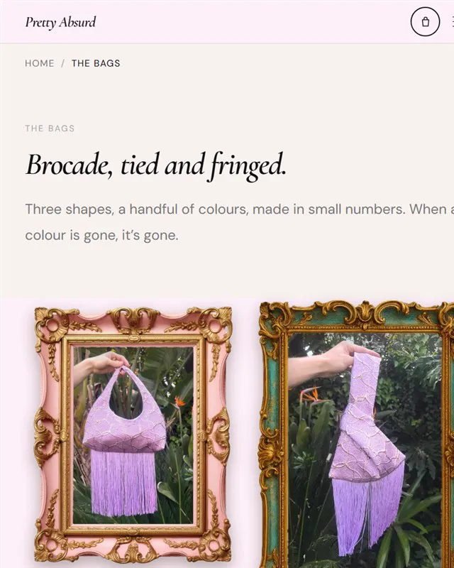 Pretty Absurd website: the bags page