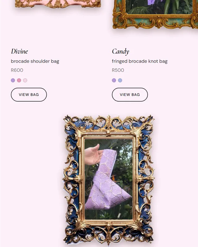 Pretty Absurd website: the bag listing with prices and colours